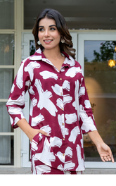 Maroon Printed Cotton Co-ord Set With Pocket